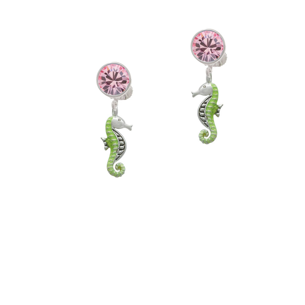 Green Seahorse Crystal Clip On Earrings Image 4