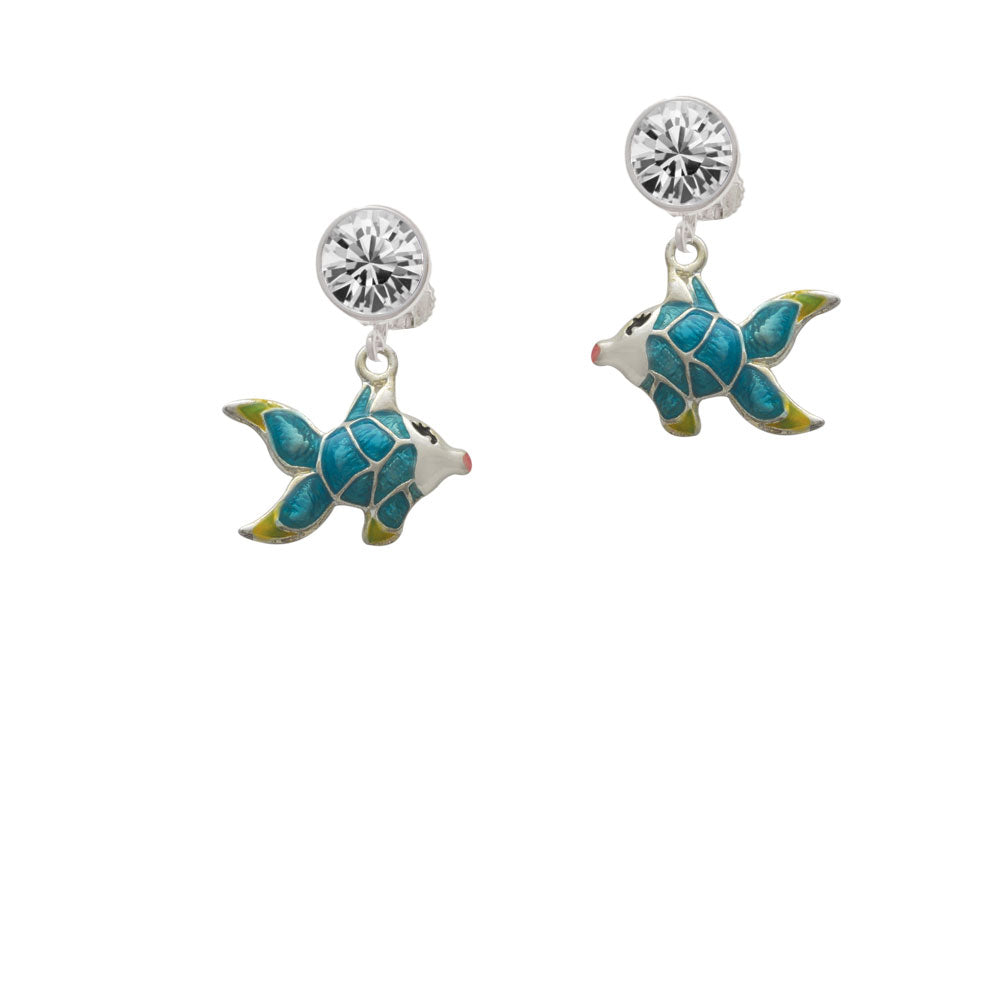 Blue Tropical Fish with Yellow Fins Crystal Clip On Earrings Image 2