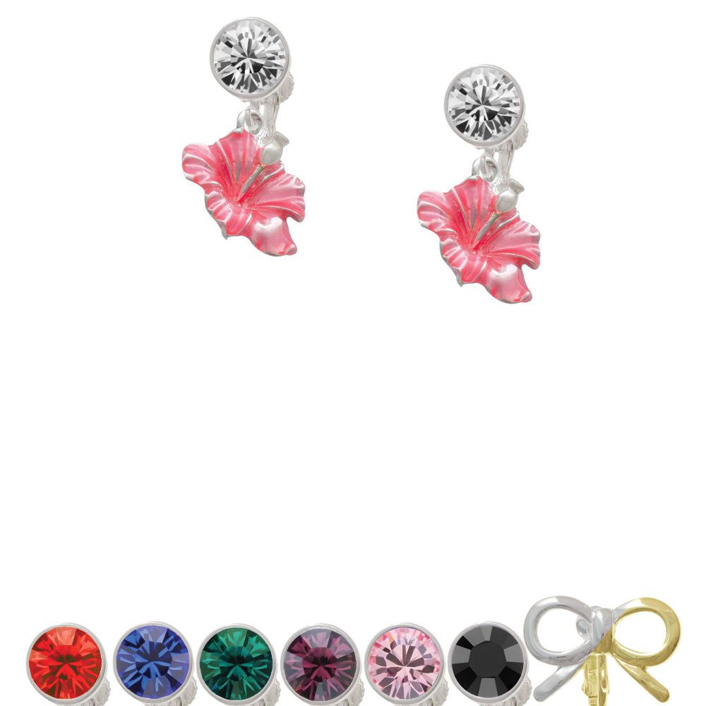 Hot Pink Hibiscus Flower Crystal Clip On Earrings Image 1