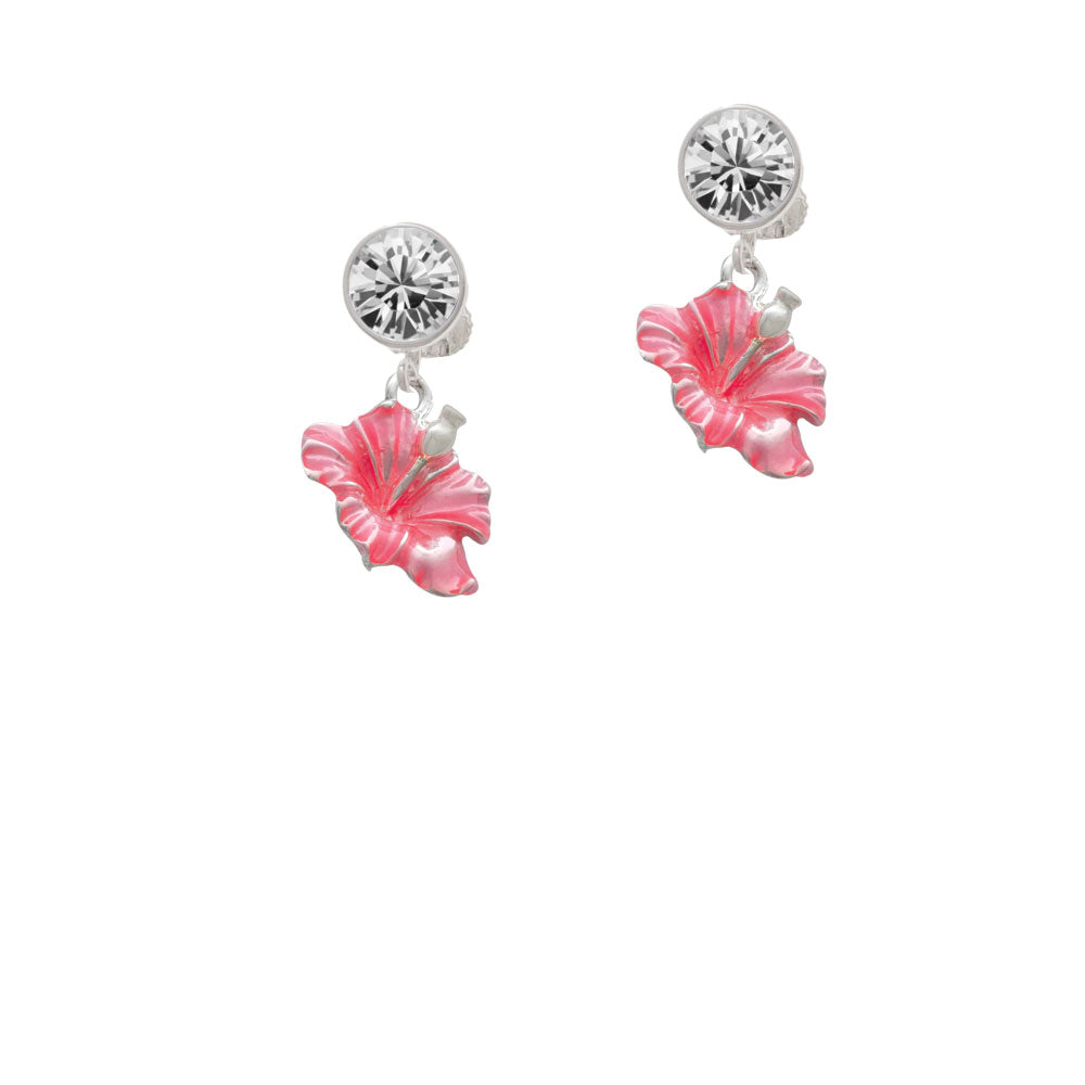 Hot Pink Hibiscus Flower Crystal Clip On Earrings Image 2