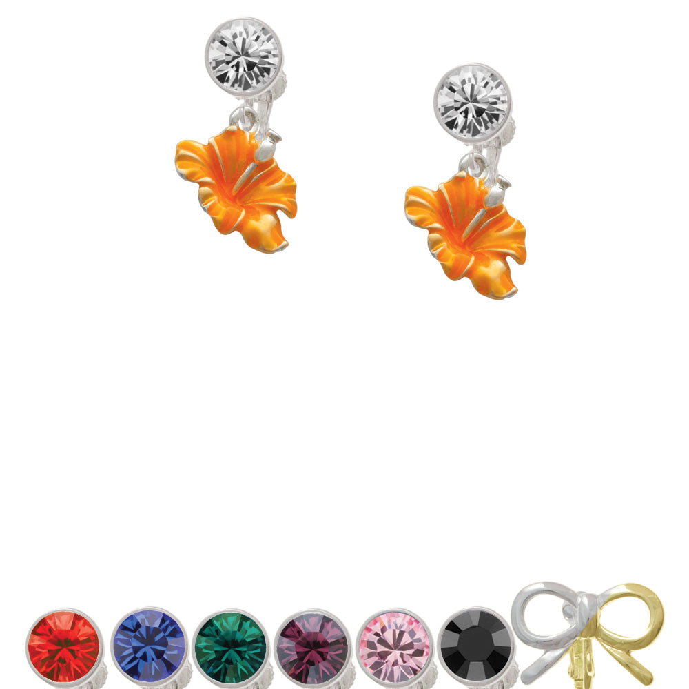 Hot Orange Hibiscus Flower Crystal Clip On Earrings Image 1