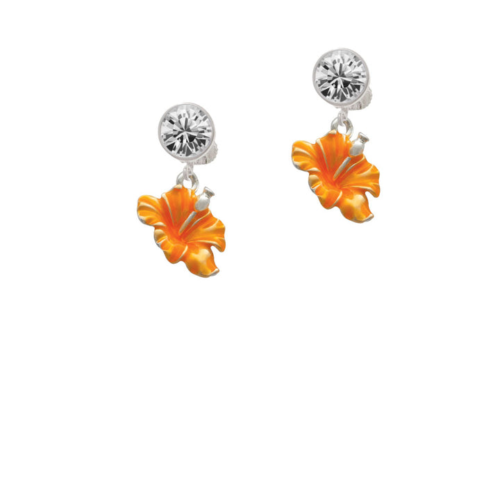 Hot Orange Hibiscus Flower Crystal Clip On Earrings Image 2