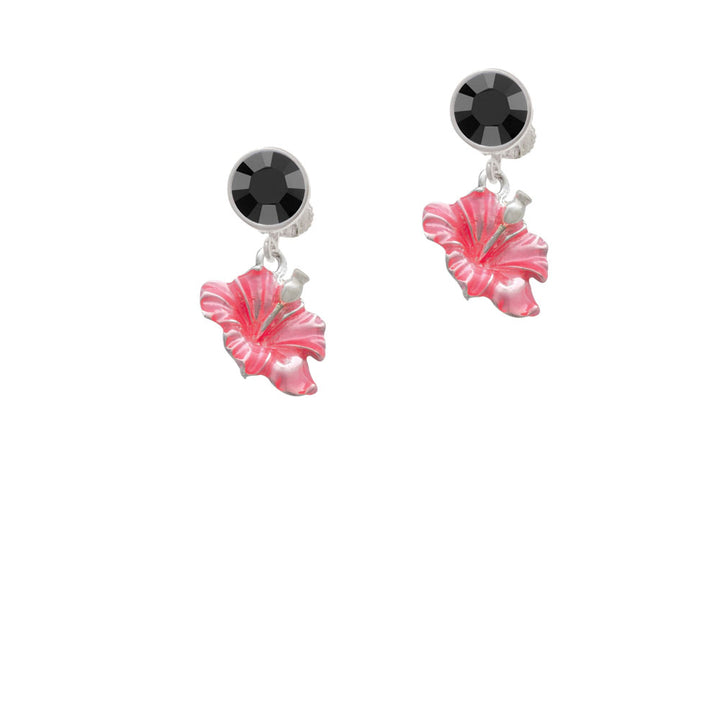 Hot Pink Hibiscus Flower Crystal Clip On Earrings Image 3