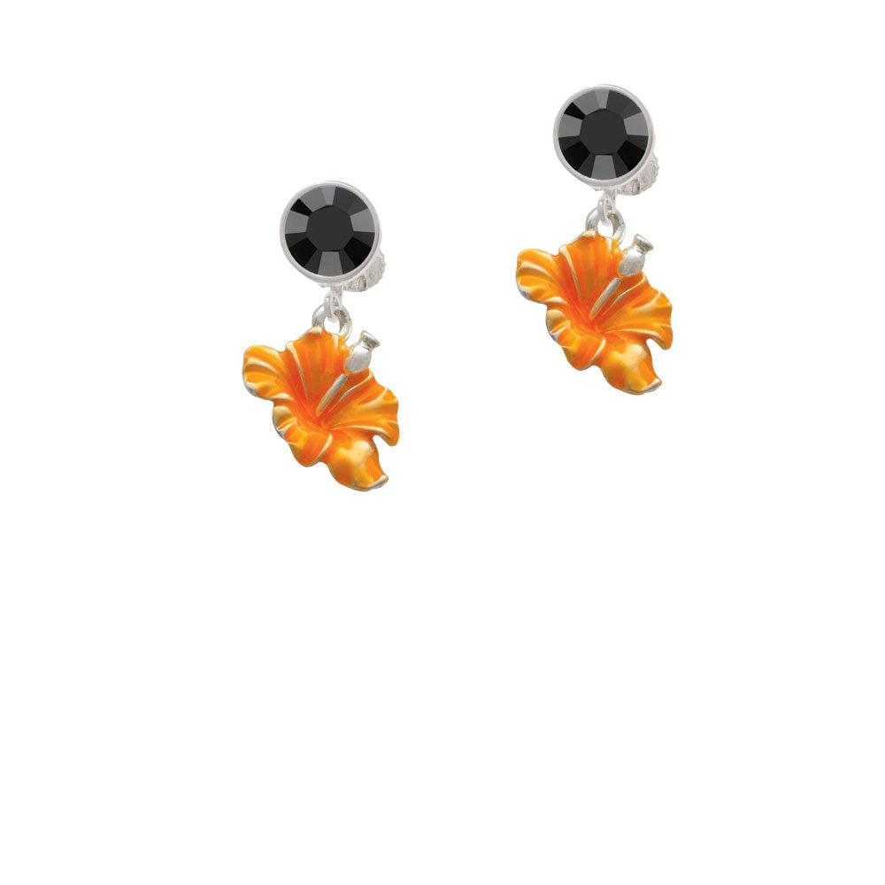 Hot Orange Hibiscus Flower Crystal Clip On Earrings Image 3