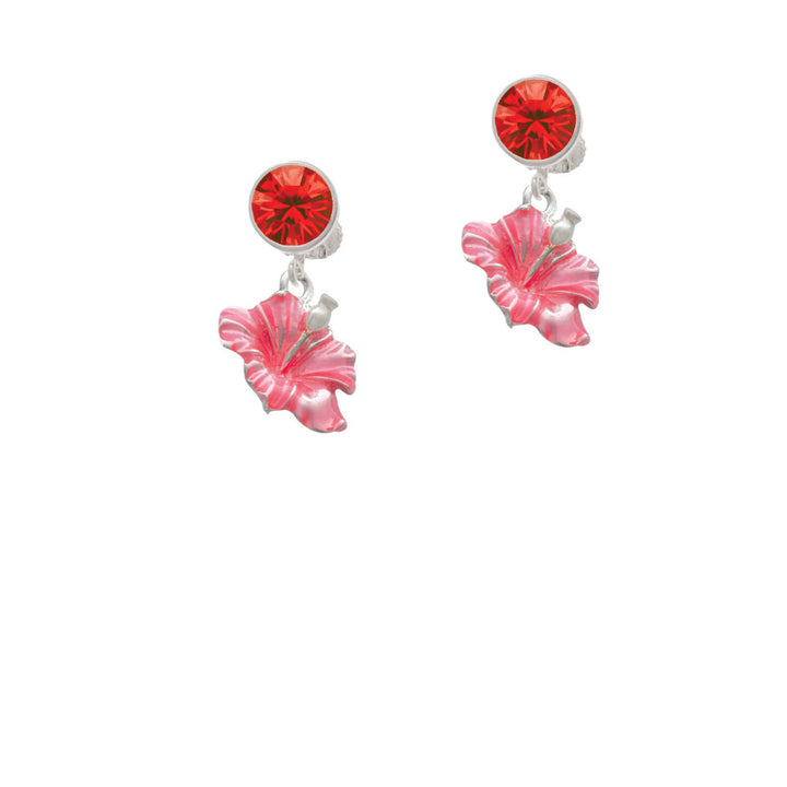 Hot Pink Hibiscus Flower Crystal Clip On Earrings Image 4