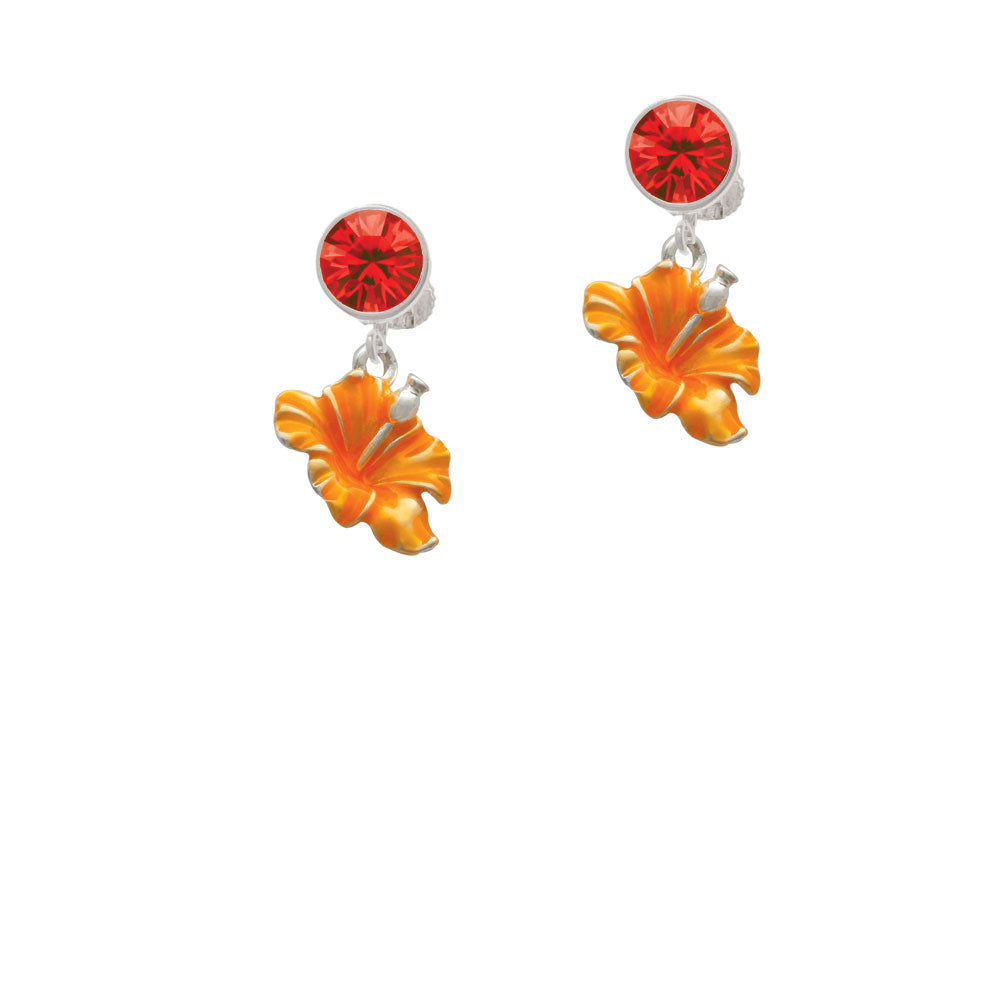 Hot Orange Hibiscus Flower Crystal Clip On Earrings Image 4