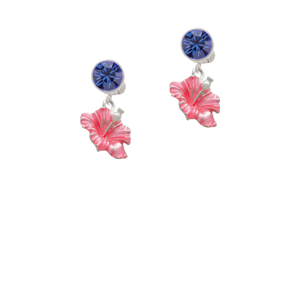 Hot Pink Hibiscus Flower Crystal Clip On Earrings Image 7