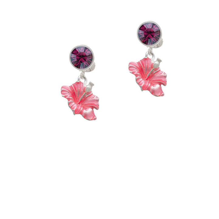 Hot Pink Hibiscus Flower Crystal Clip On Earrings Image 8