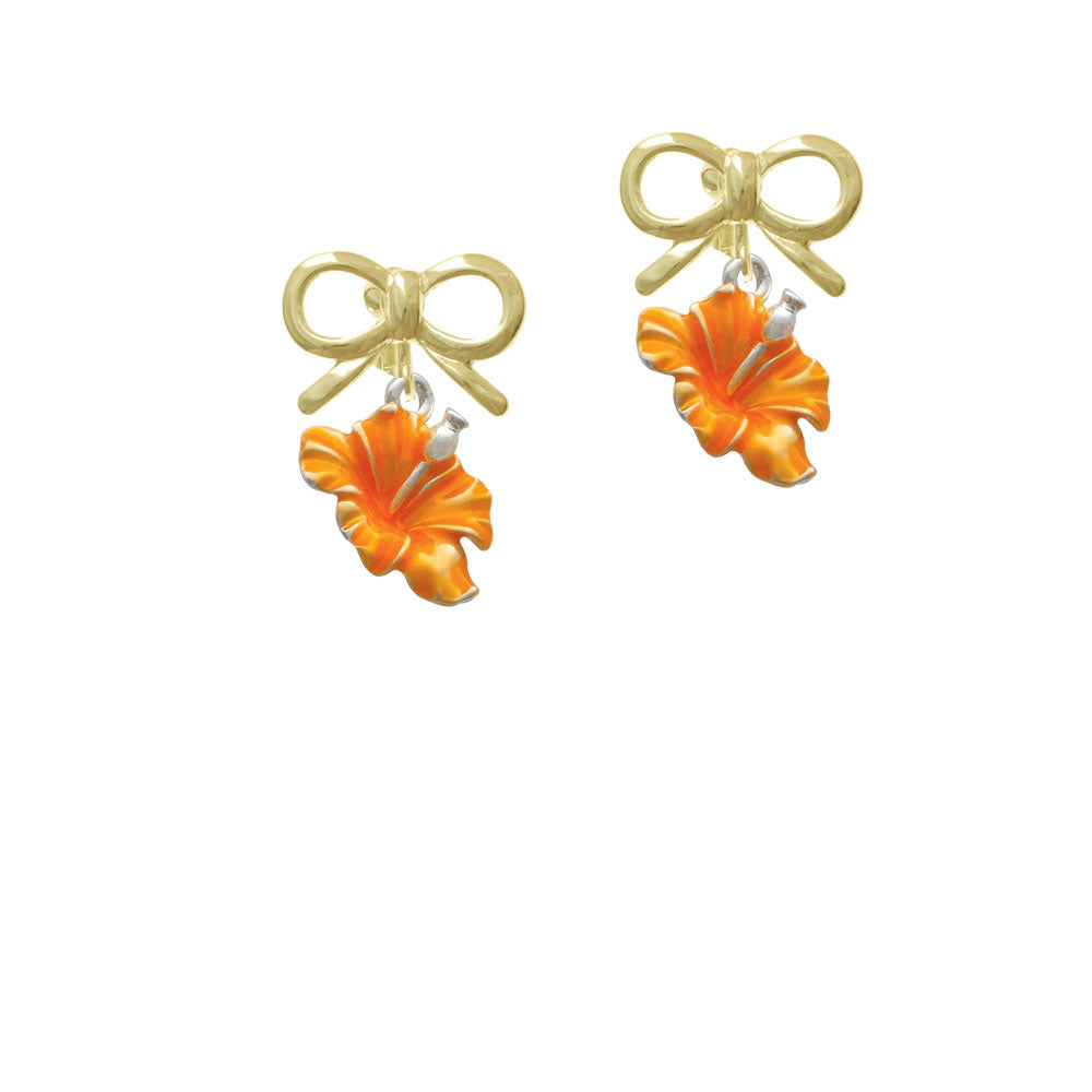 Hot Orange Hibiscus Flower Crystal Clip On Earrings Image 10