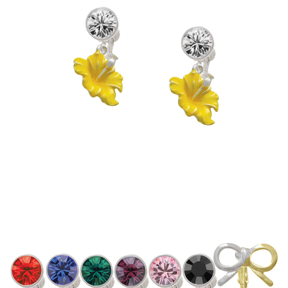 Yellow Hibiscus Flower Crystal Clip On Earrings Image 1