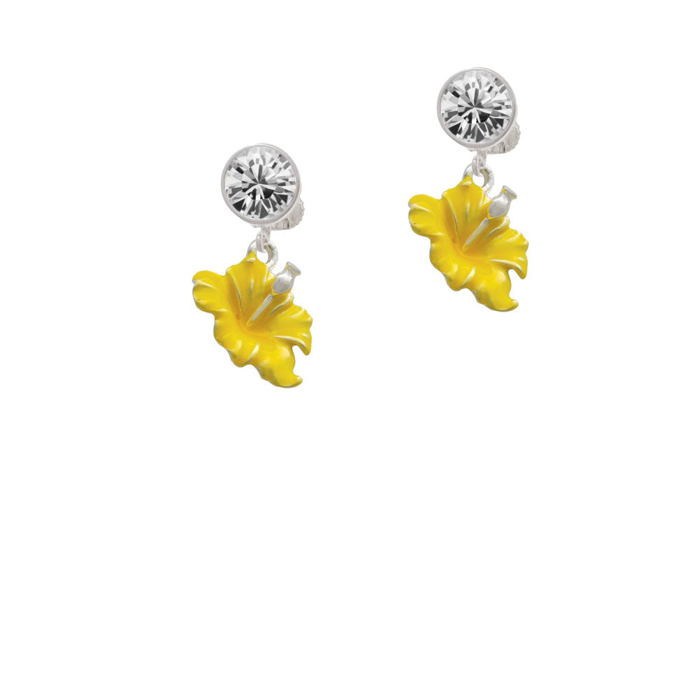 Yellow Hibiscus Flower Crystal Clip On Earrings Image 2