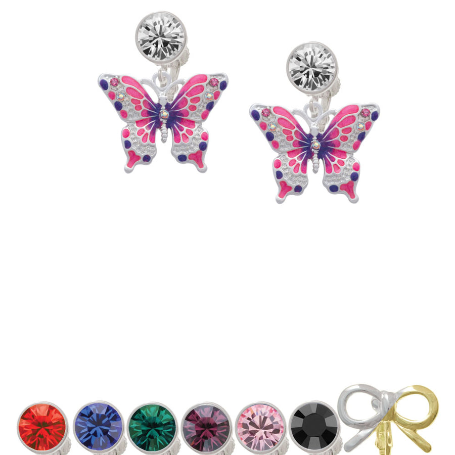 Large Hot Pink and Purple Butterfly Crystal Clip On Earrings Image 1