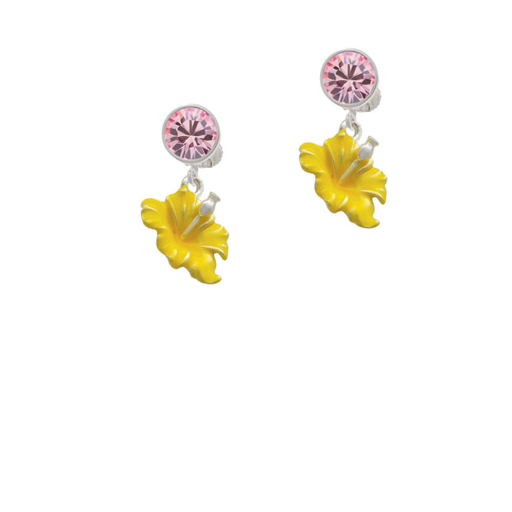 Yellow Hibiscus Flower Crystal Clip On Earrings Image 4