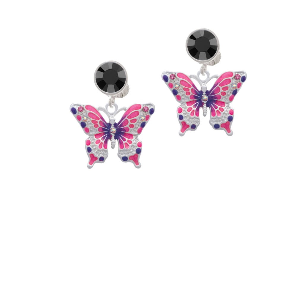 Large Hot Pink and Purple Butterfly Crystal Clip On Earrings Image 3