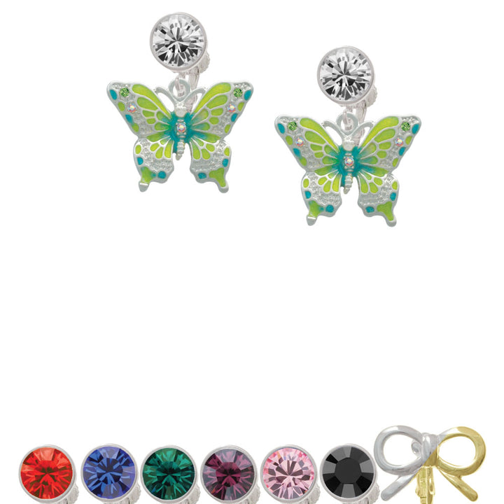 Large Lime Green and Blue Butterfly Crystal Clip On Earrings Image 1