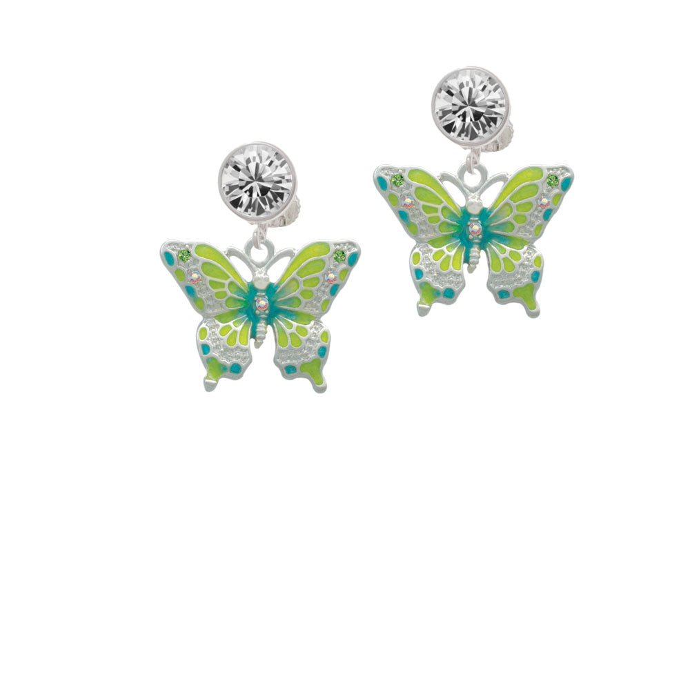 Large Lime Green and Blue Butterfly Crystal Clip On Earrings Image 2