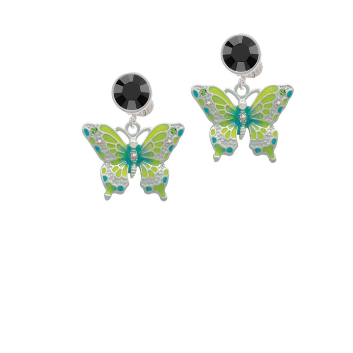 Large Lime Green and Blue Butterfly Crystal Clip On Earrings Image 3