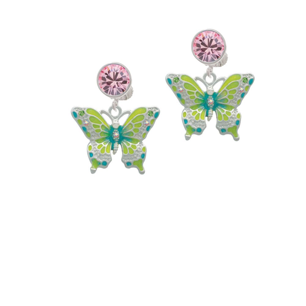 Large Lime Green and Blue Butterfly Crystal Clip On Earrings Image 4