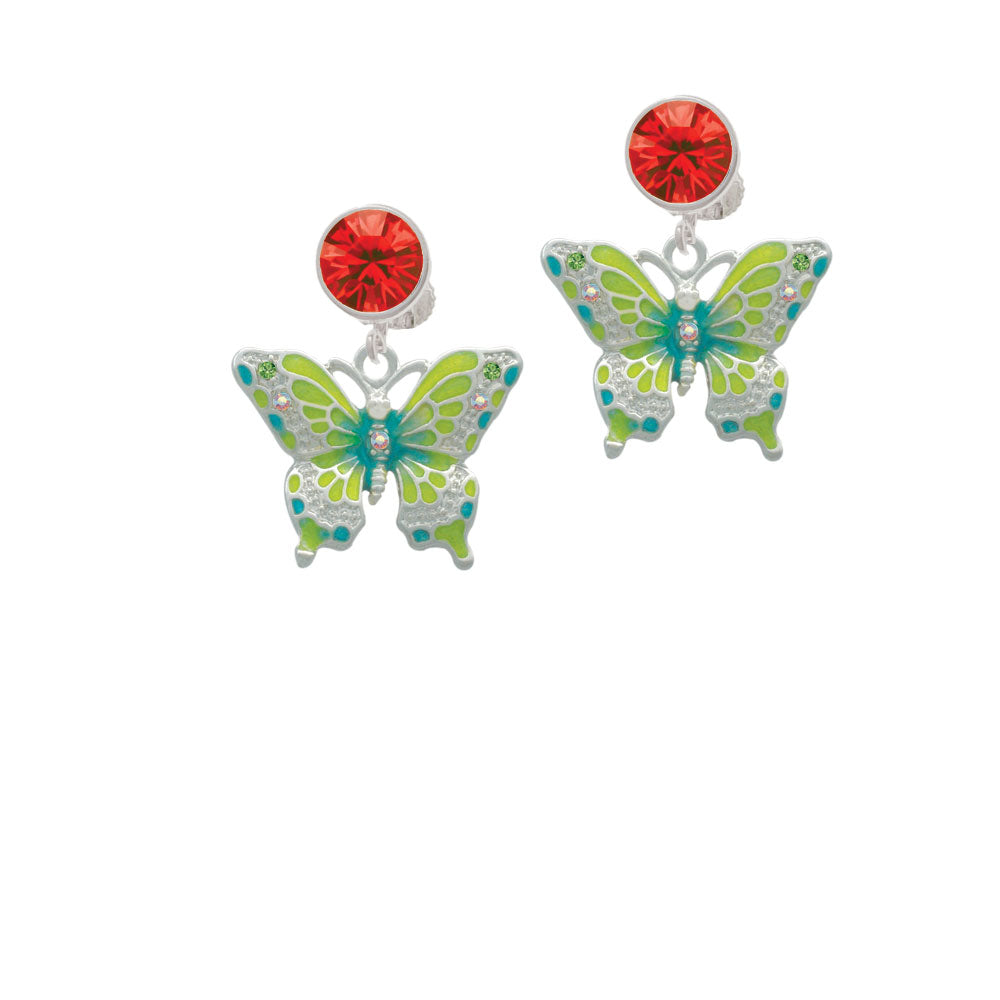 Large Lime Green and Blue Butterfly Crystal Clip On Earrings Image 4