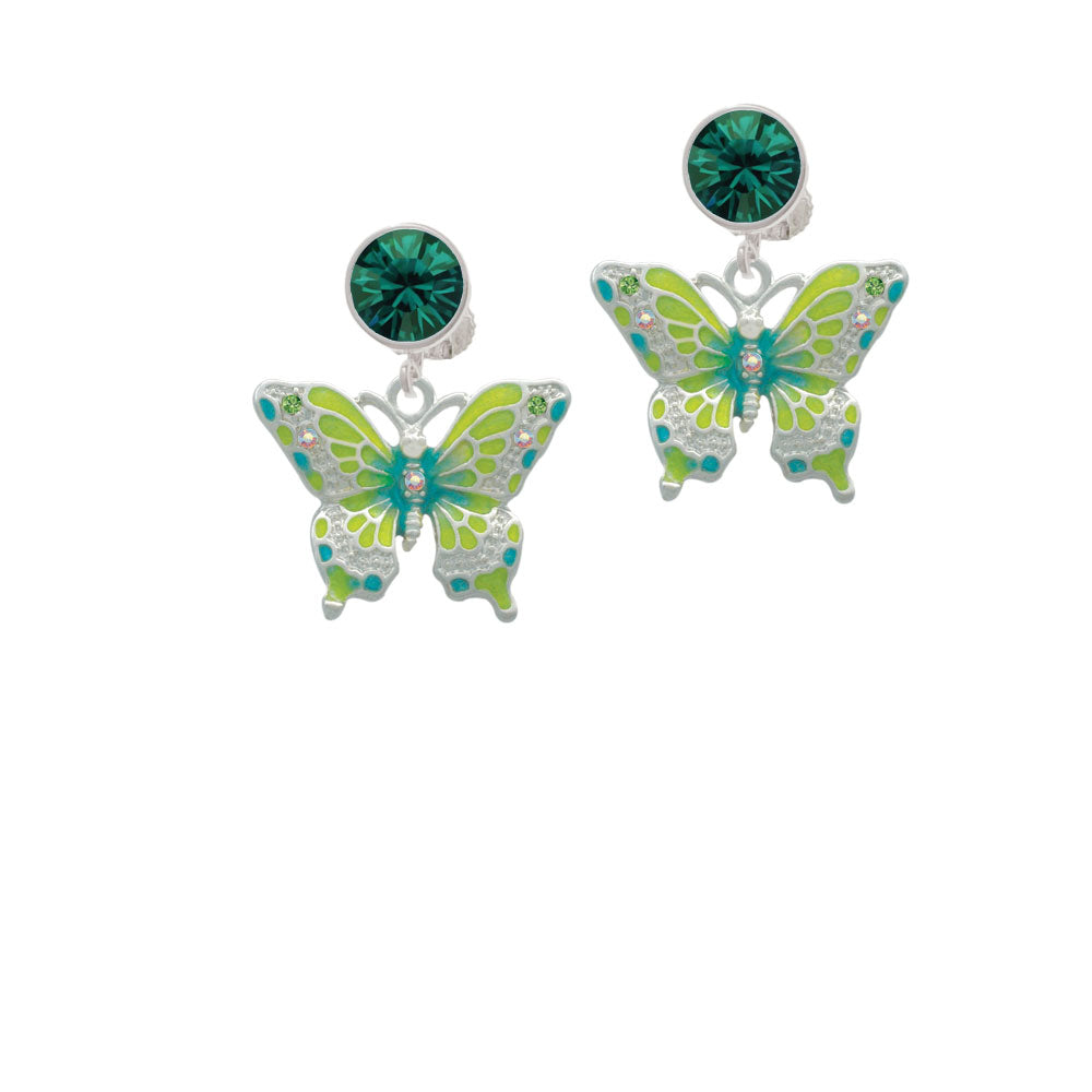 Large Lime Green and Blue Butterfly Crystal Clip On Earrings Image 6