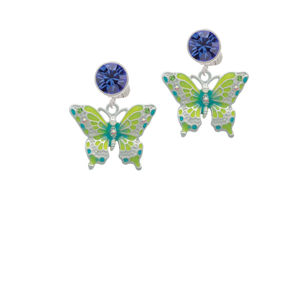 Large Lime Green and Blue Butterfly Crystal Clip On Earrings Image 7