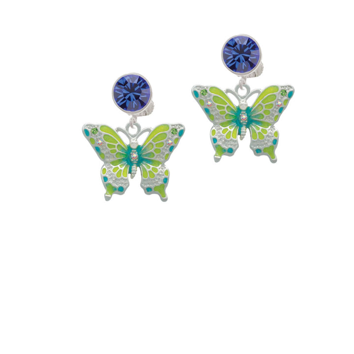 Large Lime Green and Blue Butterfly Crystal Clip On Earrings Image 7