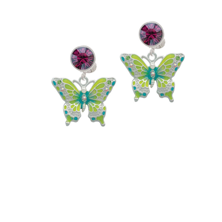 Large Lime Green and Blue Butterfly Crystal Clip On Earrings Image 8