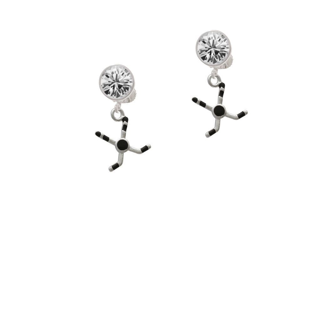 Hockey Sticks with Puck Crystal Clip On Earrings Image 2