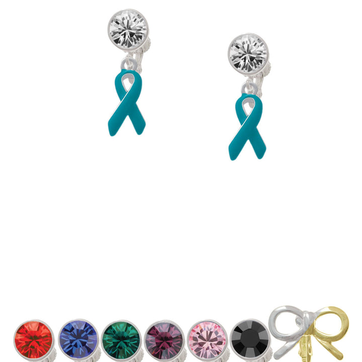 Teal Ribbon Crystal Clip On Earrings Image 1