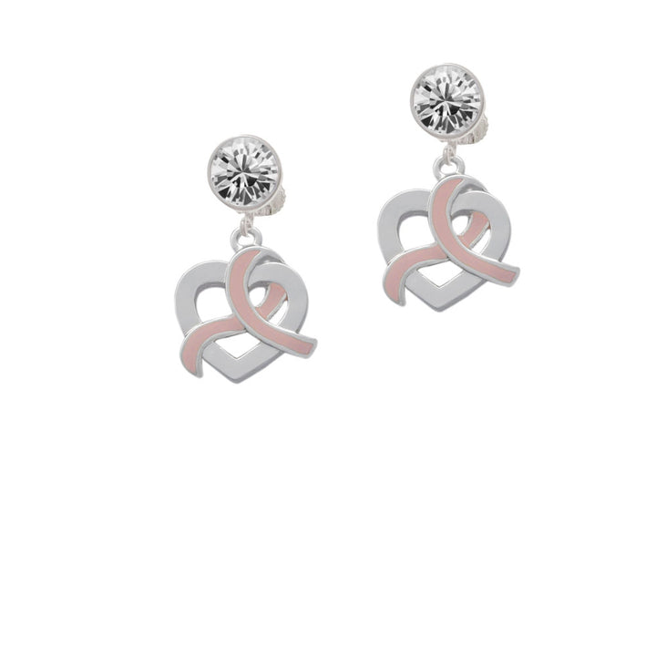 Heart Outline with Pink Ribbon Looping Through Crystal Clip On Earrings Image 2