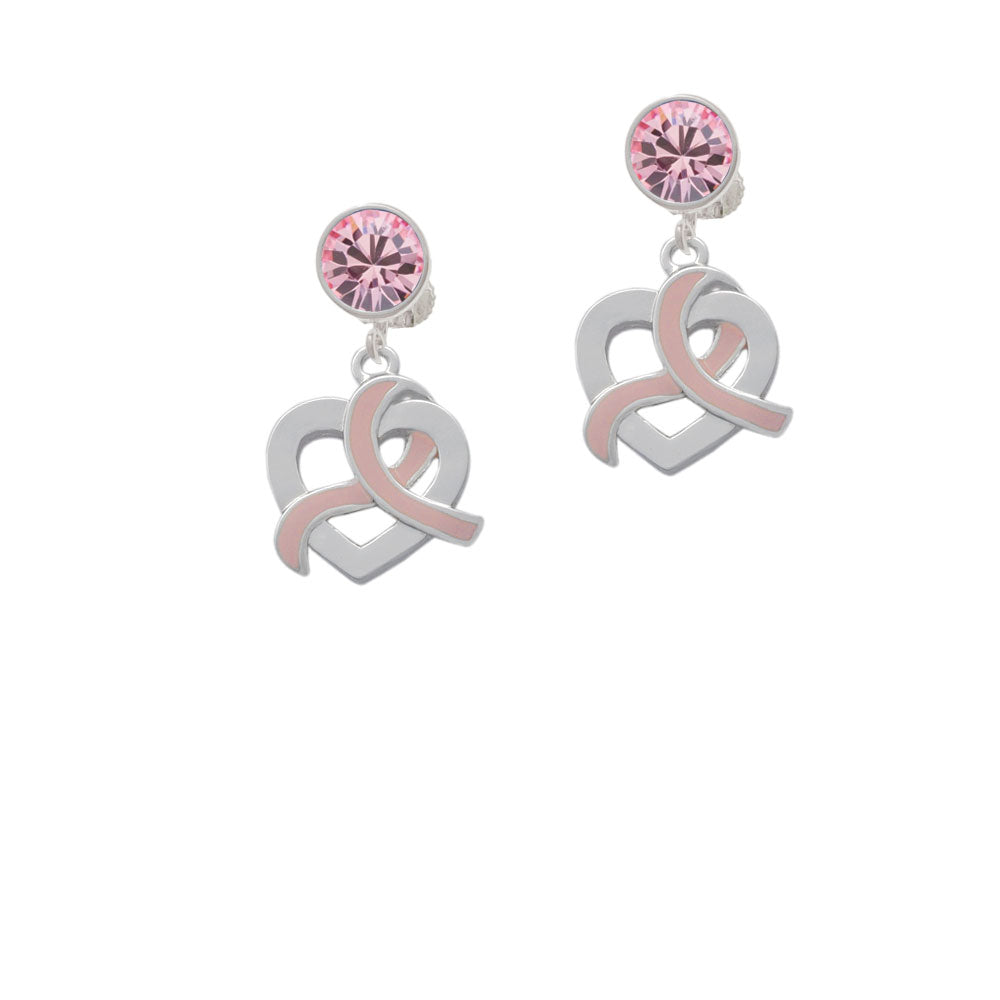 Heart Outline with Pink Ribbon Looping Through Crystal Clip On Earrings Image 4