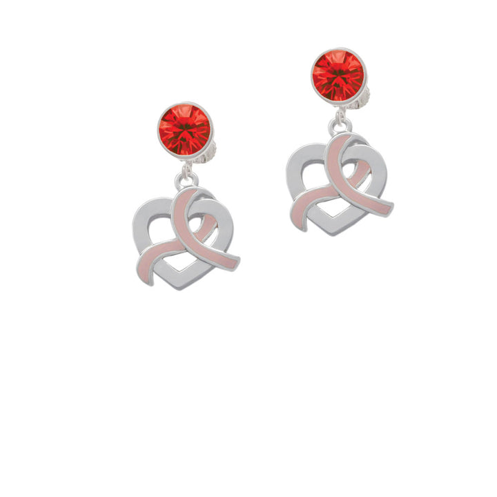 Heart Outline with Pink Ribbon Looping Through Crystal Clip On Earrings Image 4