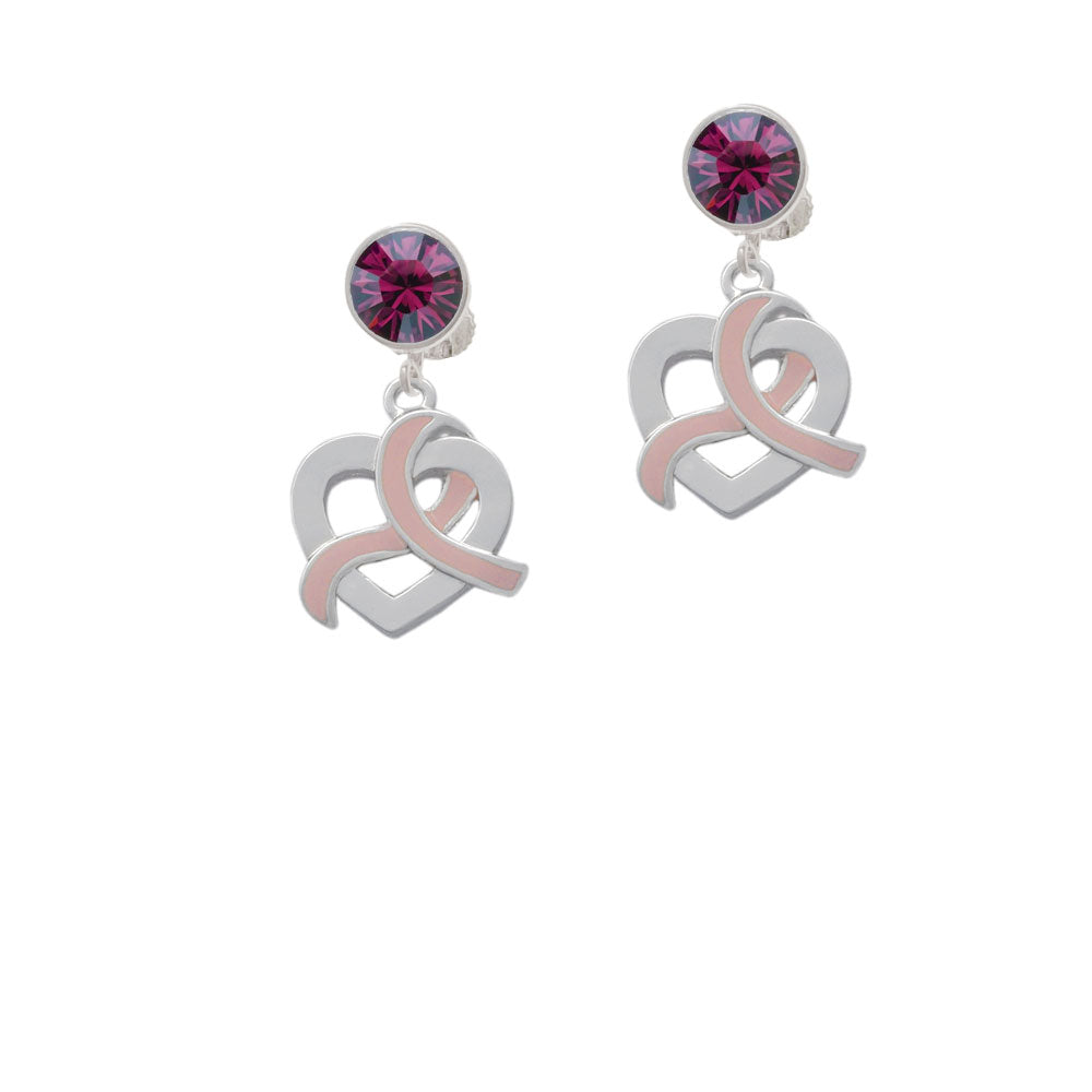 Heart Outline with Pink Ribbon Looping Through Crystal Clip On Earrings Image 8