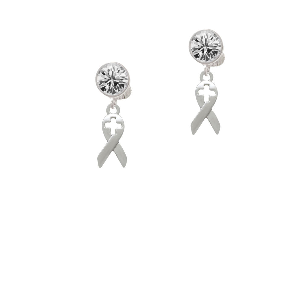 Ribbon with Cross Cutout Crystal Clip On Earrings Image 2