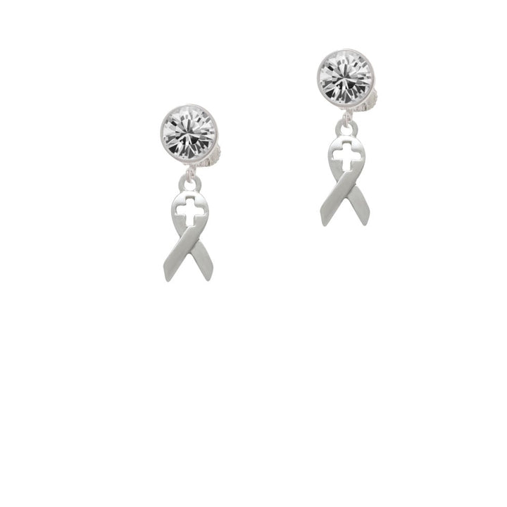 Ribbon with Cross Cutout Crystal Clip On Earrings Image 1