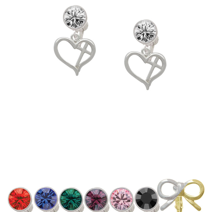 Heart Outline with diagonal Cross Crystal Clip On Earrings Image 1