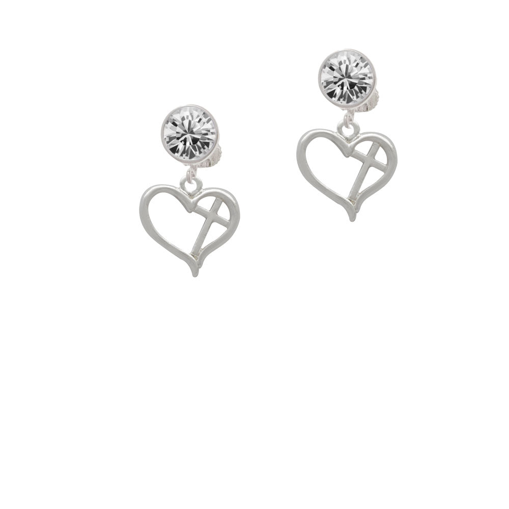 Heart Outline with diagonal Cross Crystal Clip On Earrings Image 2