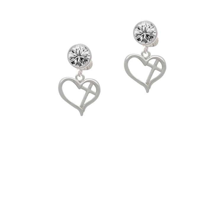 Heart Outline with diagonal Cross Crystal Clip On Earrings Image 1