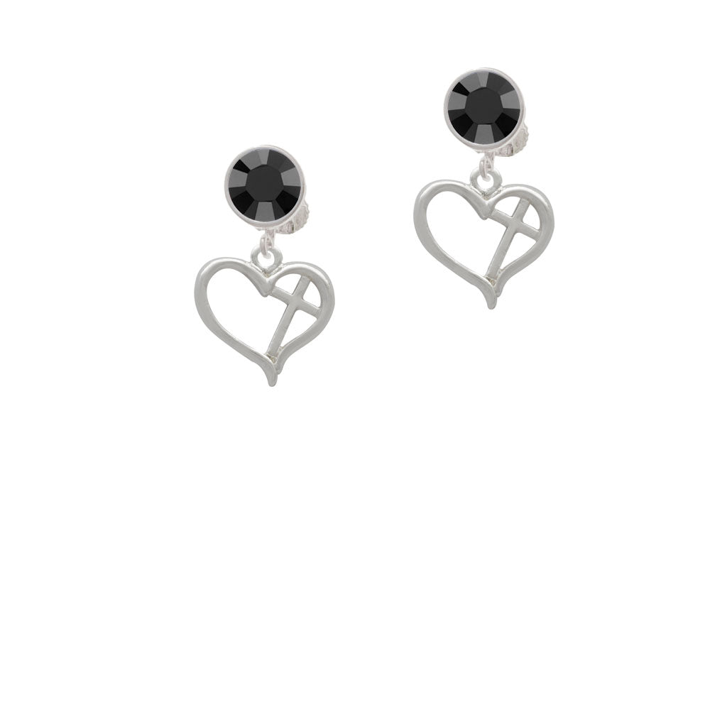 Heart Outline with diagonal Cross Crystal Clip On Earrings Image 3