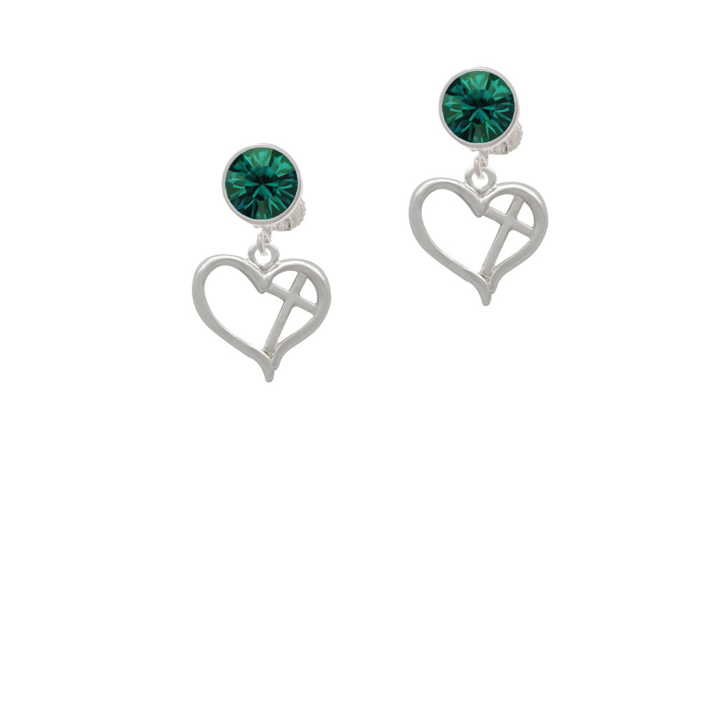 Heart Outline with diagonal Cross Crystal Clip On Earrings Image 6