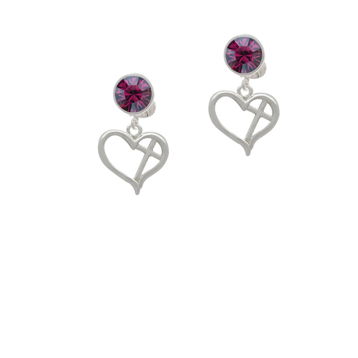 Heart Outline with diagonal Cross Crystal Clip On Earrings Image 8