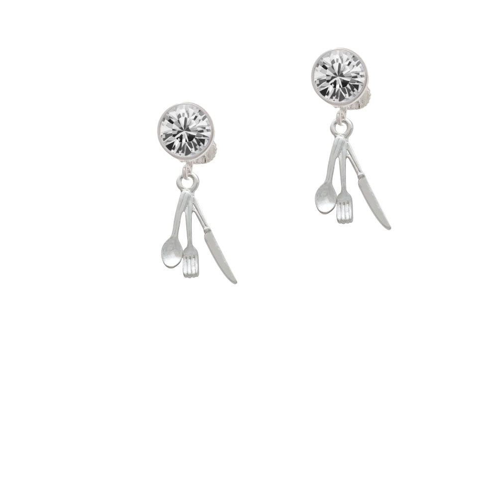 Fork Knife and Spoon Crystal Clip On Earrings Image 2