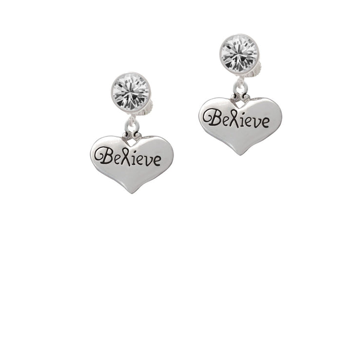 Large Believe with Ribbon Heart Crystal Clip On Earrings Image 2