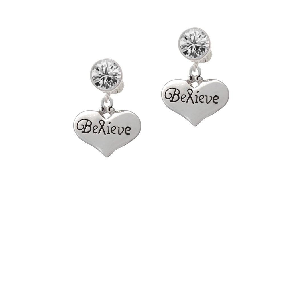 Large Believe with Ribbon Heart Crystal Clip On Earrings Image 1