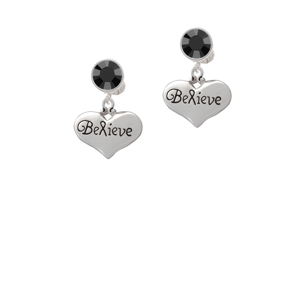 Large Believe with Ribbon Heart Crystal Clip On Earrings Image 3