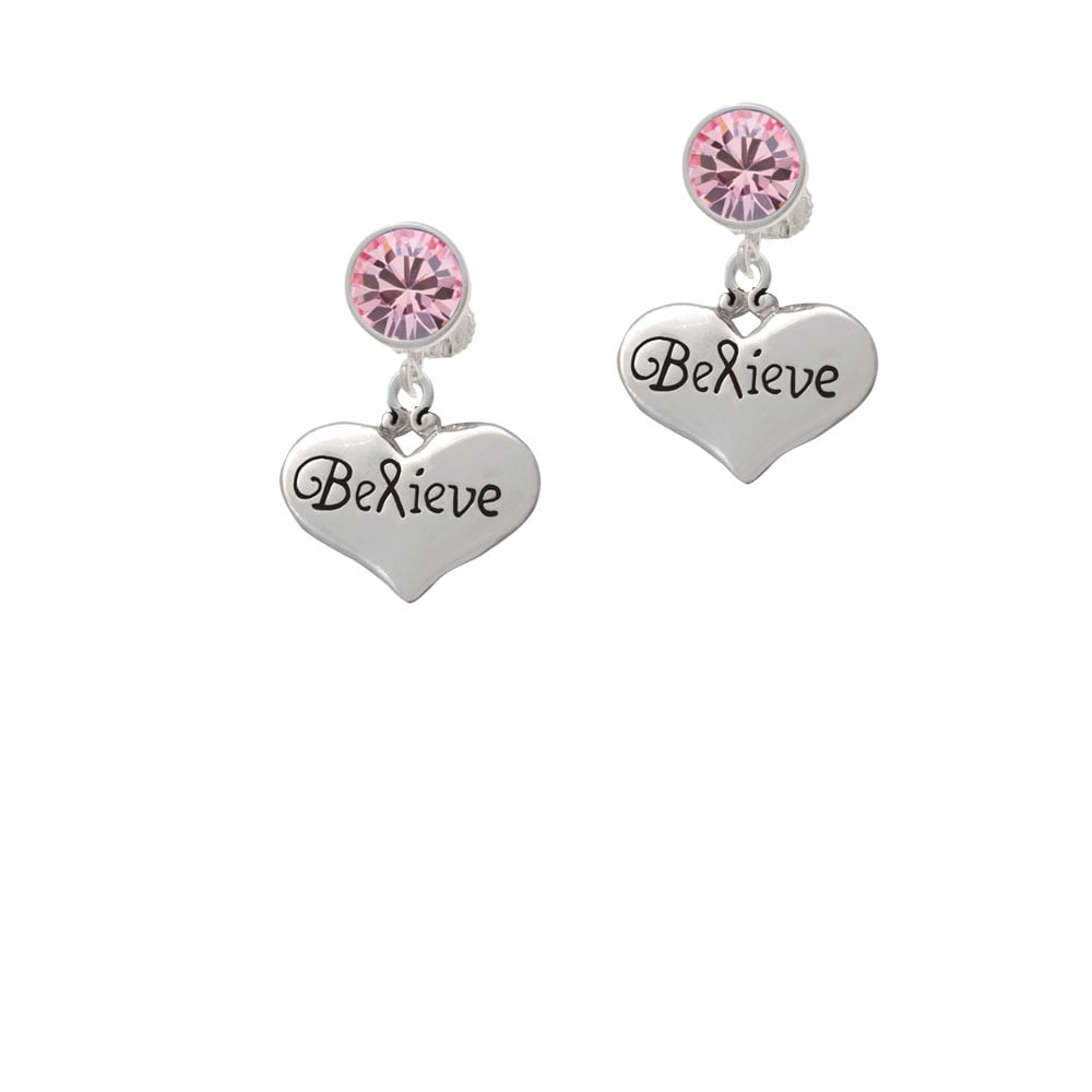 Large Believe with Ribbon Heart Crystal Clip On Earrings Image 4