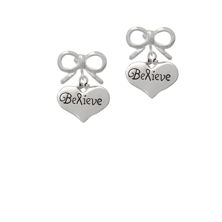 Large Believe with Ribbon Heart Crystal Clip On Earrings Image 9