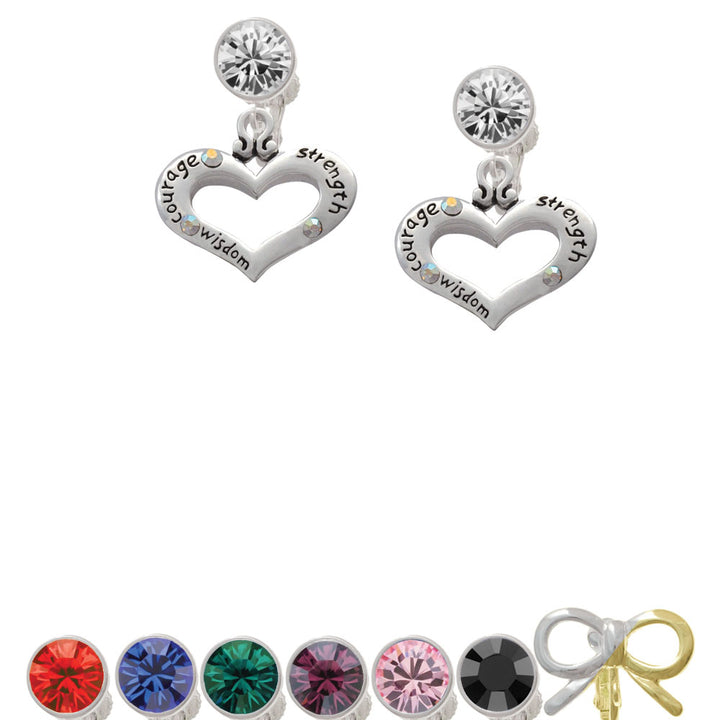 Heart with 3 AB Crystals - Courage Strength Wisdom Crystal Clip On Earrings Image 1