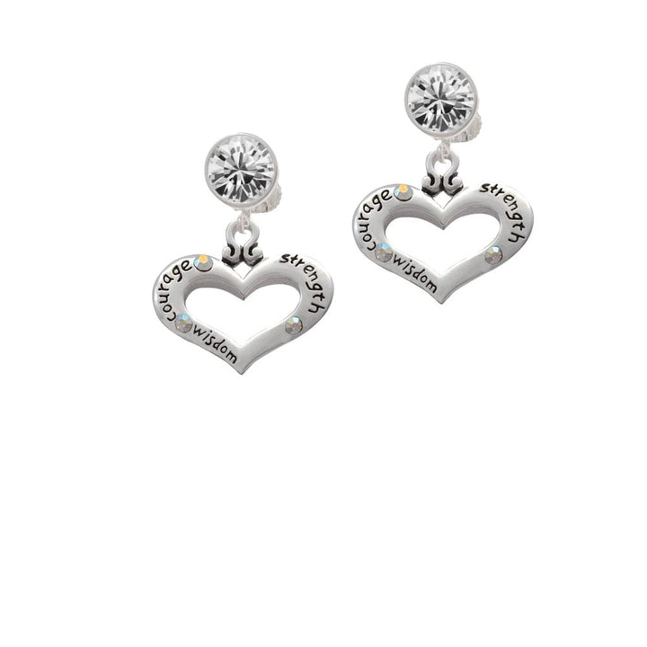 Heart with 3 AB Crystals - Courage Strength Wisdom Crystal Clip On Earrings Image 2