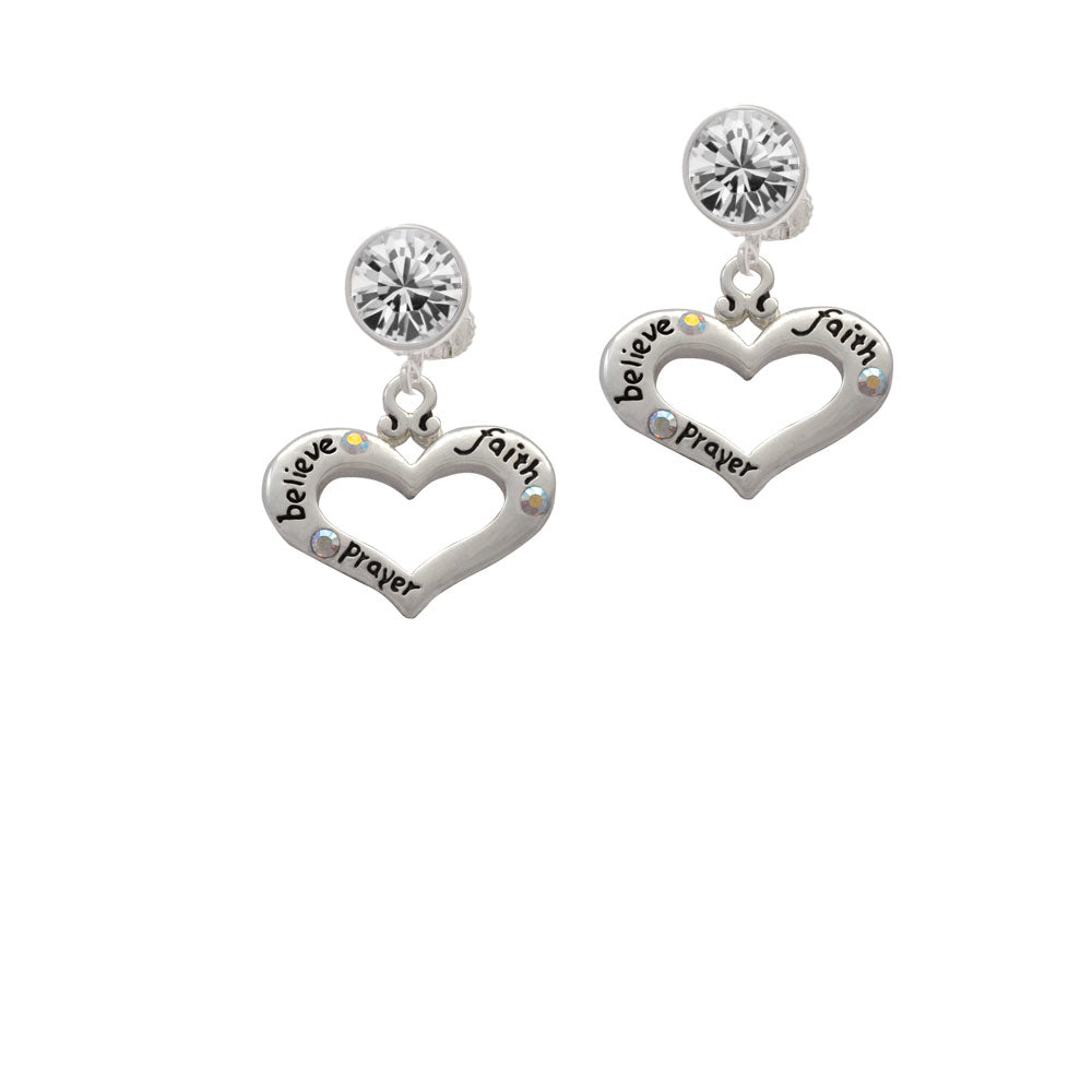 Heart with 3 AB Crystals - Believe Faith Prayer Crystal Clip On Earrings Image 2